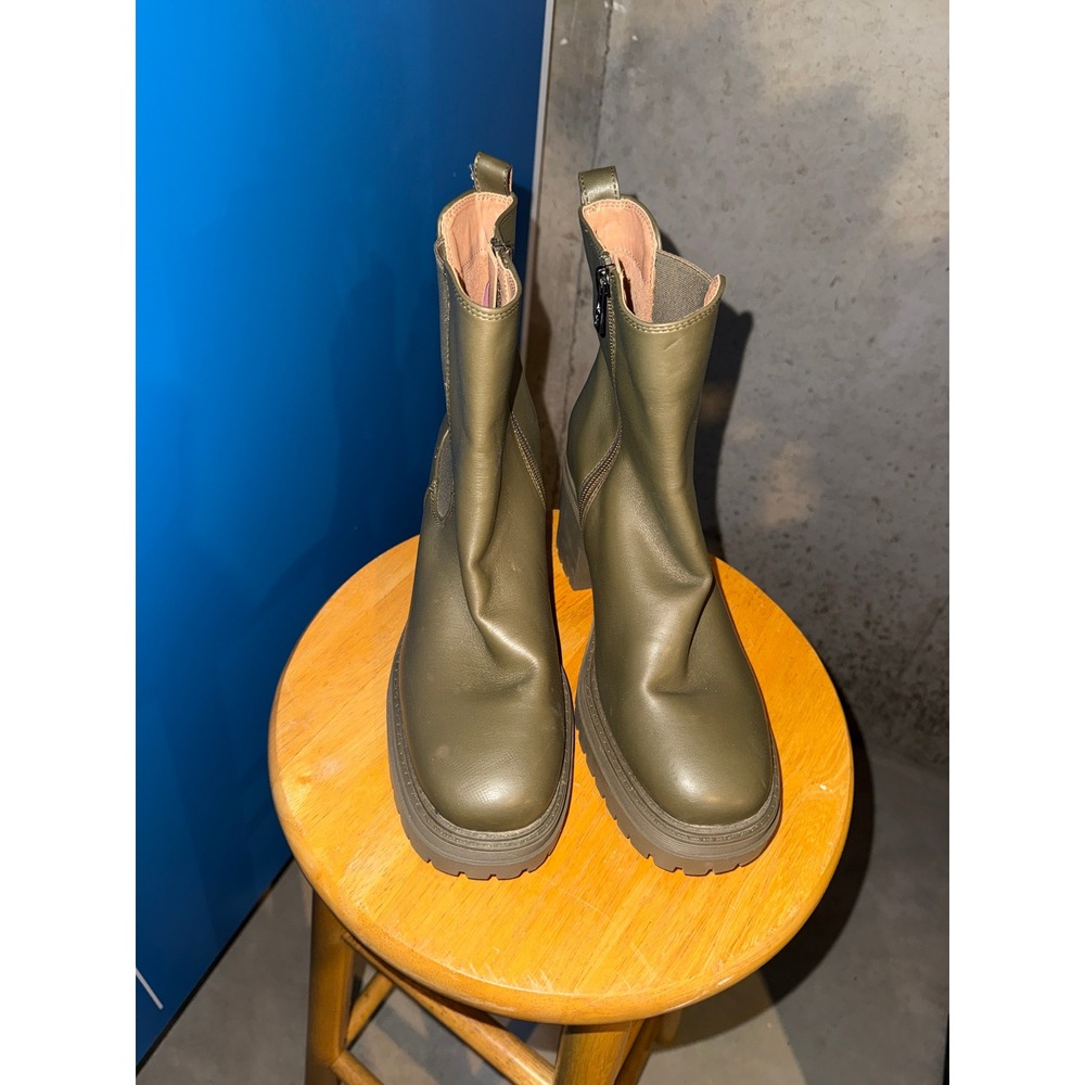 Sam & Libby Olive Green Platform Lug Sole Ankle Boots Block Heel Side Zip Size 8